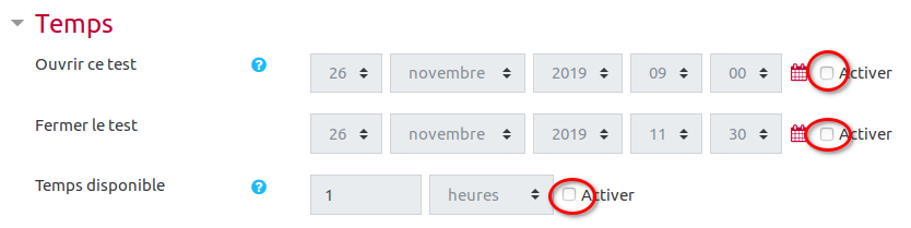 Réglages de temps désactivés